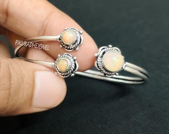 Handmade Opal Sterling Silver Cuff Bangle: Three Stone Adjustable Bracelet For Women Gift