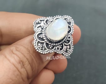 Anello con pietra di luna arcobaleno in argento sterling 925, anello di tendenza