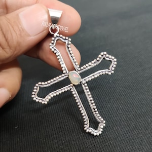 Sterling Silver Opal Cross Pendant: Religious Necklace