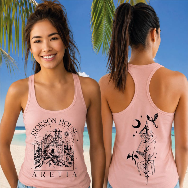 May include: Light pink tank top with a black graphic of a castle and the text "RIORSON HOUSE ARETIA" on the front. The back of the tank top features a black design with a sword, books, a crescent moon, stars, and dragons.