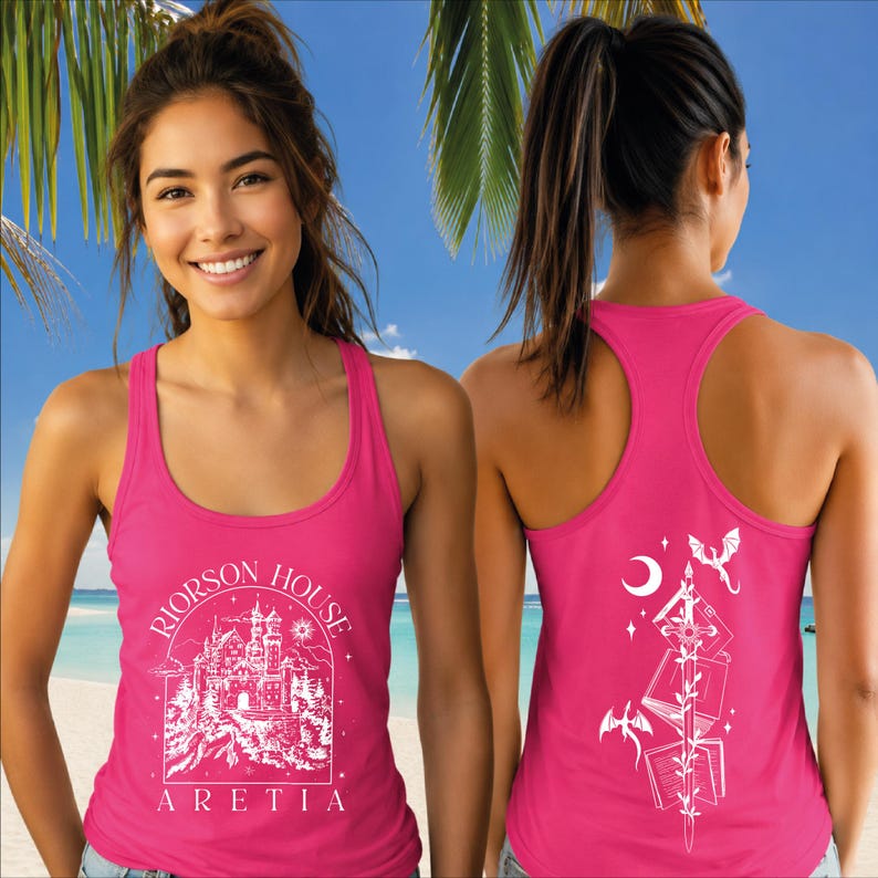 May include: Hot pink tank top with a white graphic on the front featuring a castle, the text "RIORSON HOUSE ARETIA". The back of the tank top has a white graphic of a sword, books, moon, stars, and dragons. The tank top is sleeveless.