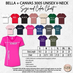 The image is a size and color chart for a Bella + Canvas 3005 unisex v-neck t-shirt. The chart displays the different color options available for the shirt, along with their corresponding sizes and styles.