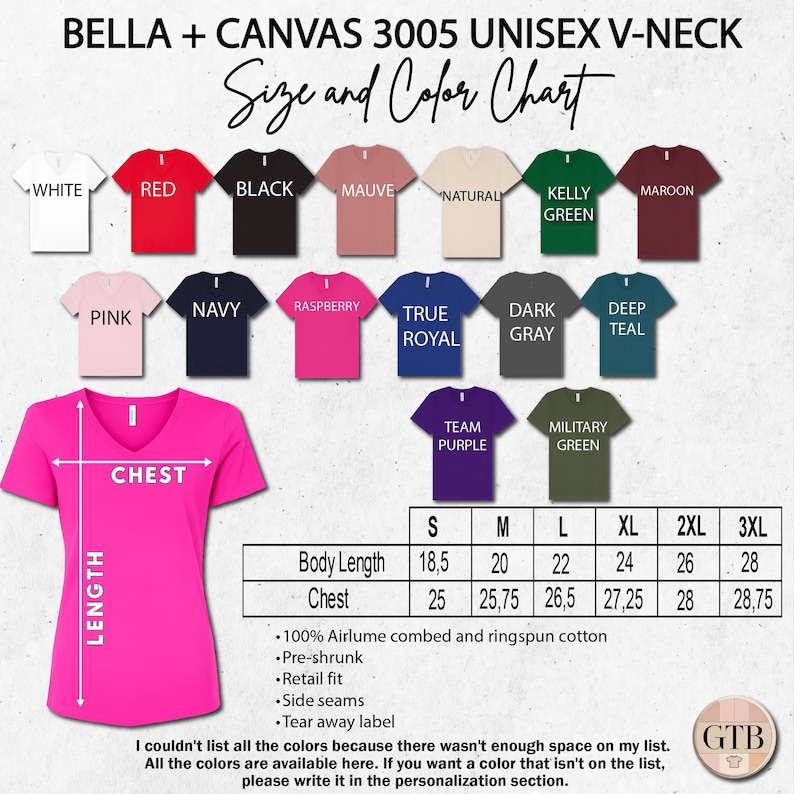 The image is a size and color chart for a Bella + Canvas 3005 unisex v-neck t-shirt. The chart displays the different color options available for the shirt, along with their corresponding sizes and styles.