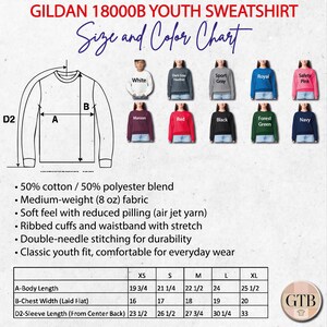 The image is a size and color chart for a youth sweatshirt, providing measurements and color options for different sizes.