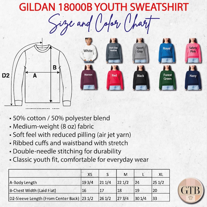 The image is a size and color chart for a youth sweatshirt, providing measurements and color options for different sizes.