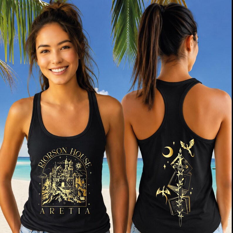 May include: Black tank top with a gold graphic on the front that reads "RIORSON HOUSE ARETIA" with an illustration of a castle. The back of the tank top has a gold design of a sword, books, moon, stars, and dragons.