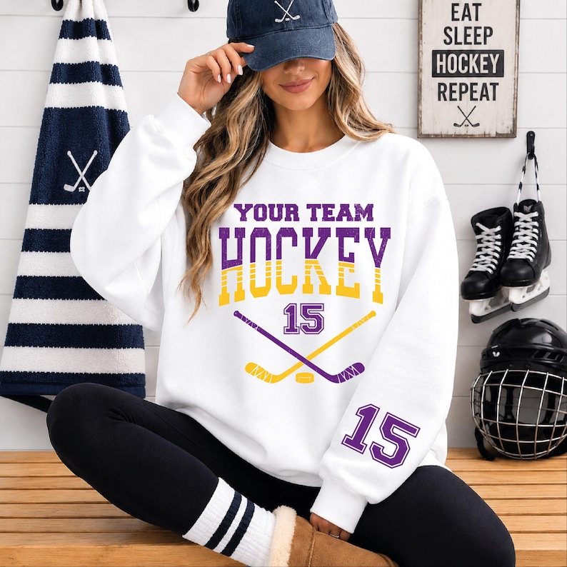 Custom Hockey Sweatshirt, Personalized Hockey Hoodie, Custom Hockey Team Name and Number, Game Day Hoodie, Hockey Mom Gift image 2