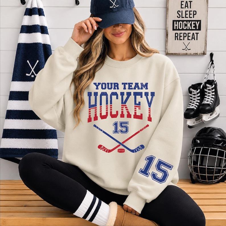 Custom Hockey Sweatshirt, Personalized Hockey Hoodie, Custom Hockey Team Name and Number, Game Day Hoodie, Hockey Mom Gift image 1