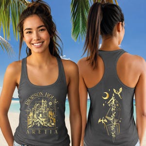 May include: Dark gray tank top with a gold graphic of a castle, trees, and the text "RIORSON HOUSE ARETIA" on the front. The back features a gold design with a sword, books, moon, stars, and dragons.