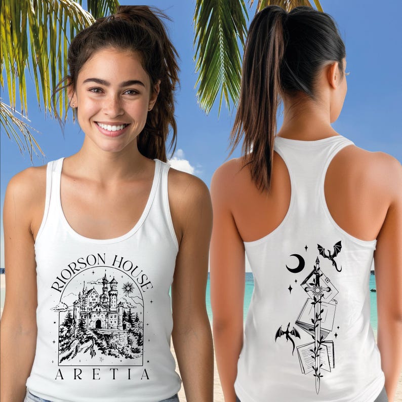 May include: White tank top with a black graphic on the front featuring a castle, the text "RIORSON HOUSE ARETIA". The back of the tank top has a black design with a sword, books, bats, and a crescent moon.