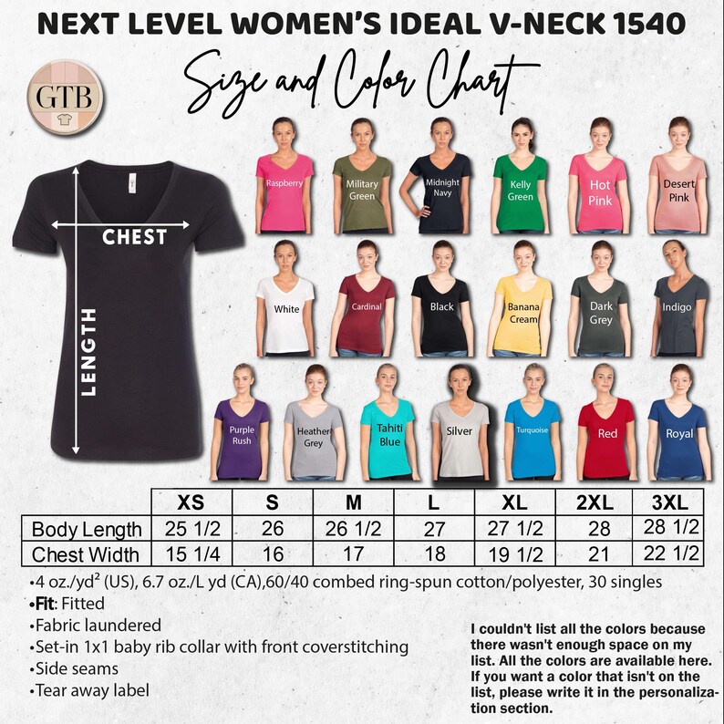 May include: Black V-neck t-shirt with a size and color chart. The chart displays various shirt colors, including Raspberry, Military Green, and Indigo. Measurements are provided in inches for body length and chest width.