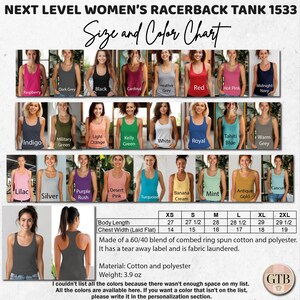 The image is a color chart for women's racerback tanks, showing various sizes and colors available. It includes a list of different tank colors and sizes, along with corresponding measurements and descriptions.