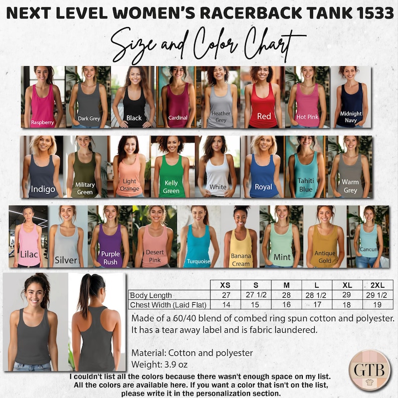 The image is a color chart for women's racerback tanks, showing various sizes and colors available. It includes a list of different tank colors and sizes, along with corresponding measurements and descriptions.
