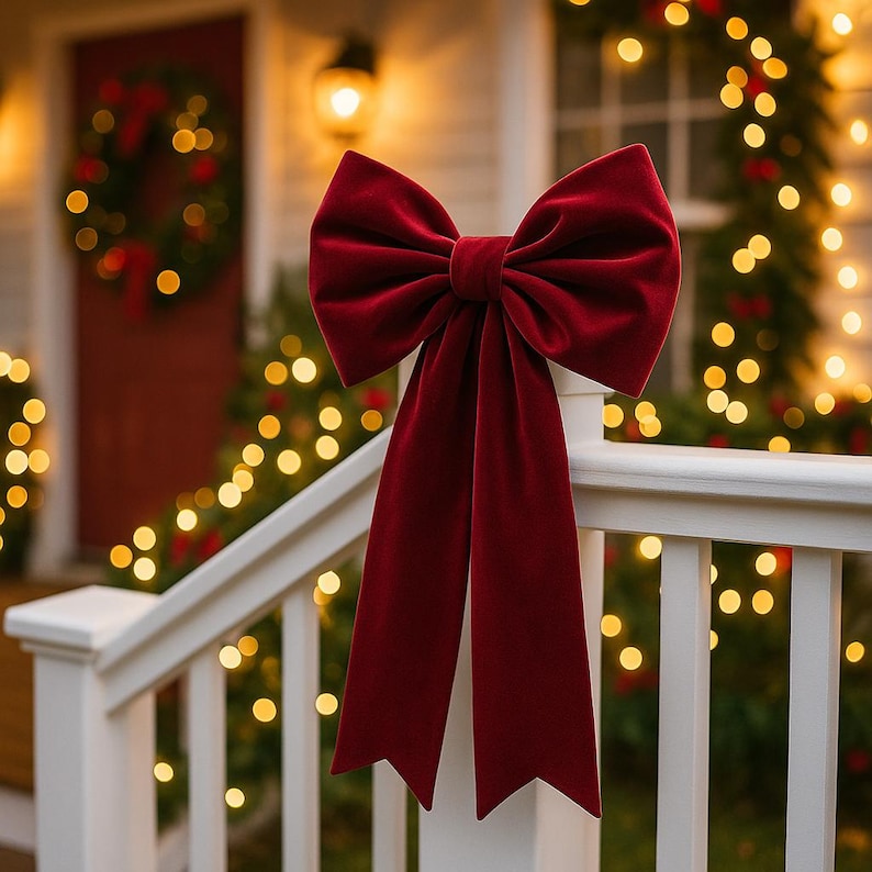 Elegante rote Samtschleife | Boho-Schleife für den Weihnachtsbaum | Festliche Schmuckschleife | Samt-Geschenkdeko Bild 4