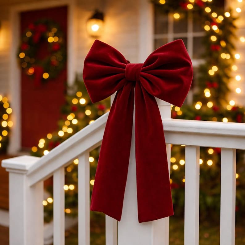 Elegante rote Samtschleife | Boho-Schleife für den Weihnachtsbaum | Festliche Schmuckschleife | Samt-Geschenkdeko Bild 7