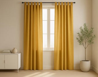 Premium Mustard Yellow Linen Texture Curtains | Light Filtering Boho Farmhouse Drapes | Window Panel for Living Room Bedroom Home Décor