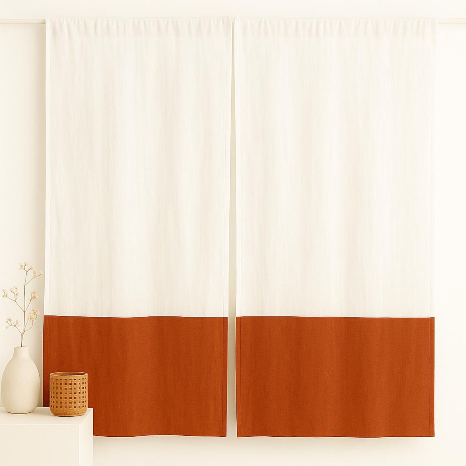 Japanese Noren Curtain | Two Tone Linen Doorway Curtain | Color Block Boho Curtain| Light Filtering Window Curtain | Kitchen Doorway Divider - W24xL72In/60x183cm, Red