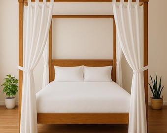 White Linen Canopy Bed Curtains | 4 Corner Tent Drapes for Wooden Bed | Boho Farmhouse Bedroom Décor | Pure Linen Canopy Curtain Panels