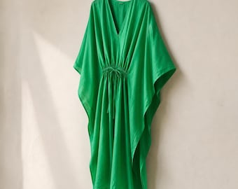 Green Cotton Kaftan Maxi Dress | Boho Beach Cover Up | Lightweight Summer Resort Vacation Dress | Relaxed Loose Fit Travel Dress for Women