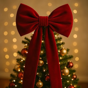 Op de afbeelding: Een grote, pluche, rode fluwelen strik siert de top van een kerstboom. De boom is versierd met gouden en rode ballen en lichtjes. De achtergrond heeft zachte, wazige bokeh-lichten, waardoor een feestelijke vakantiescène ontstaat.