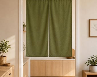 Olive Green Linen Noren Curtain | Japanese Doorway Divider | Natural Eco-Friendly Linen Room Curtain | Minimalist Boho Home Décor