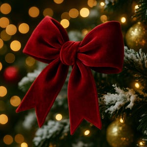 K&ouml;nnte beinhalten: Ein gro&szlig;er, &uuml;ppiger, roter Samtschleife mit langen, spitz zulaufenden Enden. Die Schleife steht im Mittelpunkt, vor einem verschwommenen Hintergrund eines Weihnachtsbaums mit goldenen Lichtern und Ornamenten, was eine festliche Szene erzeugt.