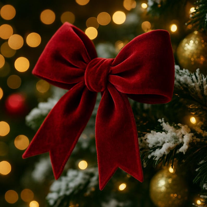 K&ouml;nnte beinhalten: Ein gro&szlig;er, &uuml;ppiger, roter Samtschleife mit langen, spitz zulaufenden Enden. Die Schleife steht im Mittelpunkt, vor einem verschwommenen Hintergrund eines Weihnachtsbaums mit goldenen Lichtern und Ornamenten, was eine festliche Szene erzeugt.