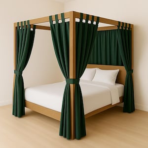 May include: A wooden four-poster bed with dark green curtains. The bed has a light-colored wooden frame and a white mattress with two white pillows. The curtains are tied back at the posts.