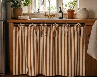 Boho Striped Kitchen Hideaway Cotton Curtain | Farmhouse Curtain | Light Filtering Curtain | Rustic Cabinet Cover | Bathroom Vanity Curtain