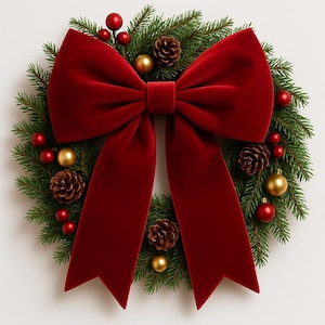 K&ouml;nnte beinhalten: Ein festlicher Weihnachtskranz mit einer gro&szlig;en, pl&uuml;schigen, roten Samtschleife als Mittelpunkt. Der Kranz ist mit immergr&uuml;nen Zweigen, roten Beeren, goldenen und roten Kugeln und Tannenzapfen geschm&uuml;ckt und schafft eine klassische Weihnachtsdekoration.