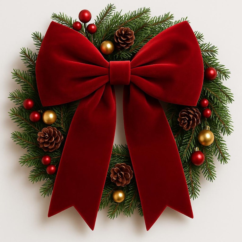 K&ouml;nnte beinhalten: Ein festlicher Weihnachtskranz mit einer gro&szlig;en, pl&uuml;schigen, roten Samtschleife als Mittelpunkt. Der Kranz ist mit immergr&uuml;nen Zweigen, roten Beeren, goldenen und roten Kugeln und Tannenzapfen geschm&uuml;ckt und schafft eine klassische Weihnachtsdekoration.