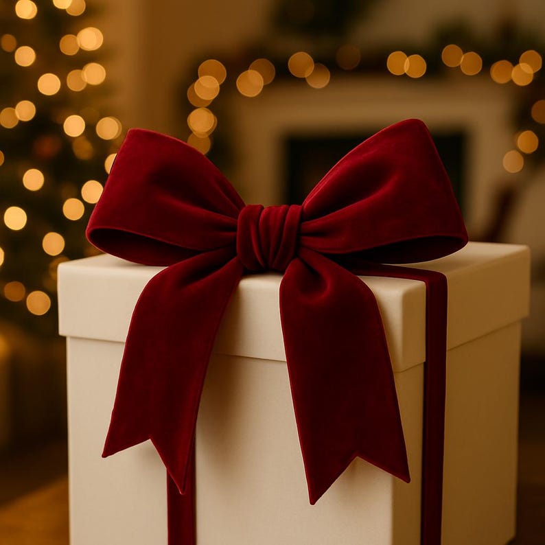 Elegante rote Samtschleife | Boho-Schleife für den Weihnachtsbaum | Festliche Schmuckschleife | Samt-Geschenkdeko Bild 2