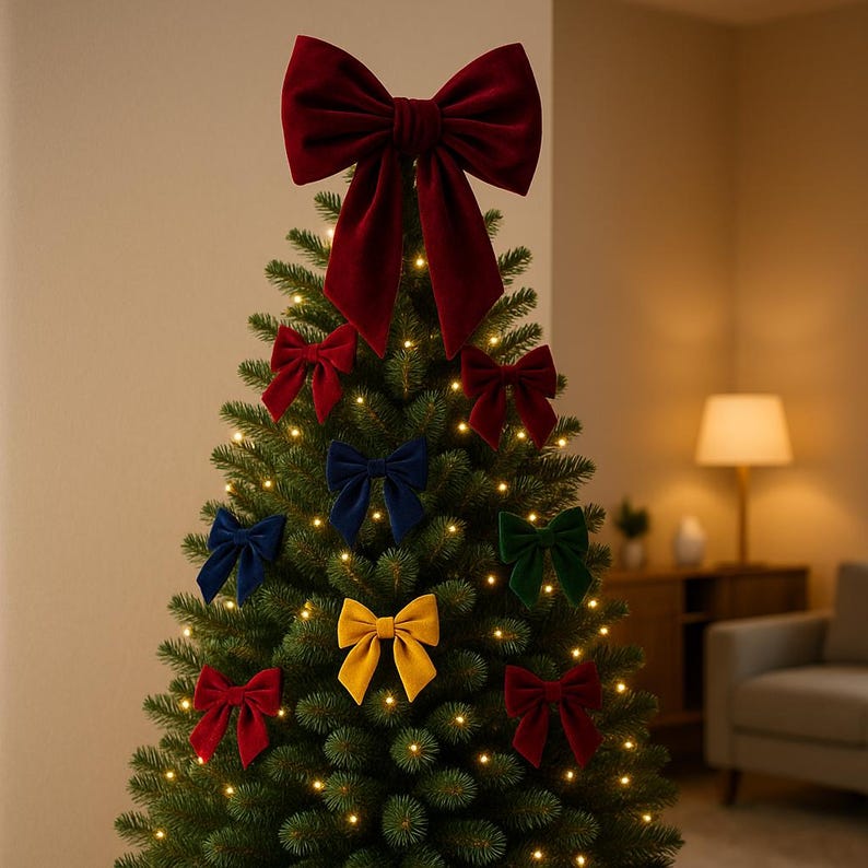 Elegante rote Samtschleife | Boho-Schleife für den Weihnachtsbaum | Festliche Schmuckschleife | Samt-Geschenkdeko Bild 9