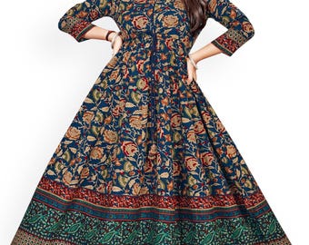 Blue Anarkali Dress for Women  | Handmade Rayon Kurti Gown | Boho Anarkali Suit for Wedding, Christmas, Thanksgiving & Festive Wear