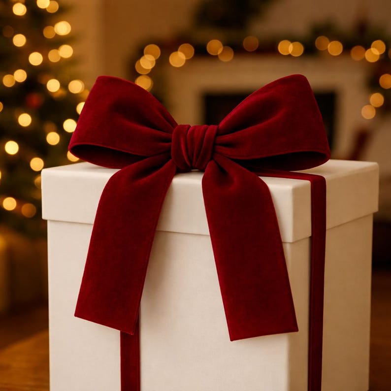 Elegante rote Samtschleife | Boho-Schleife für den Weihnachtsbaum | Festliche Schmuckschleife | Samt-Geschenkdeko Bild 5