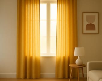 Senapsgula ljusfiltrerande gardiner, gardinpaneler i linnelook, bohemiska draperier för vardagsrum, fönsterbehandling för sovrum, heminredning