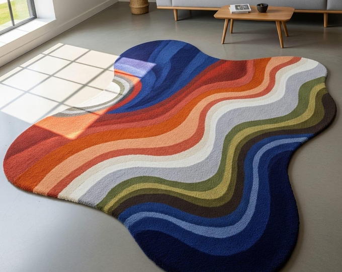 Colorful Abstract Wave Tufted Rug | Handmade Modern Accent Carpet | Multi-Color Wavy Pattern Floor Mat for Living Room & Bedroom