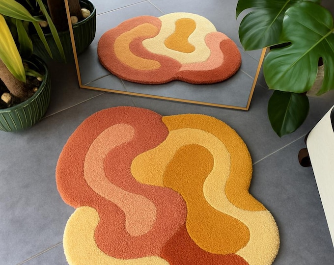 Retro Wavy Abstract Tufted Rug-Sunset Earth Tones Handmade Wool Rugs