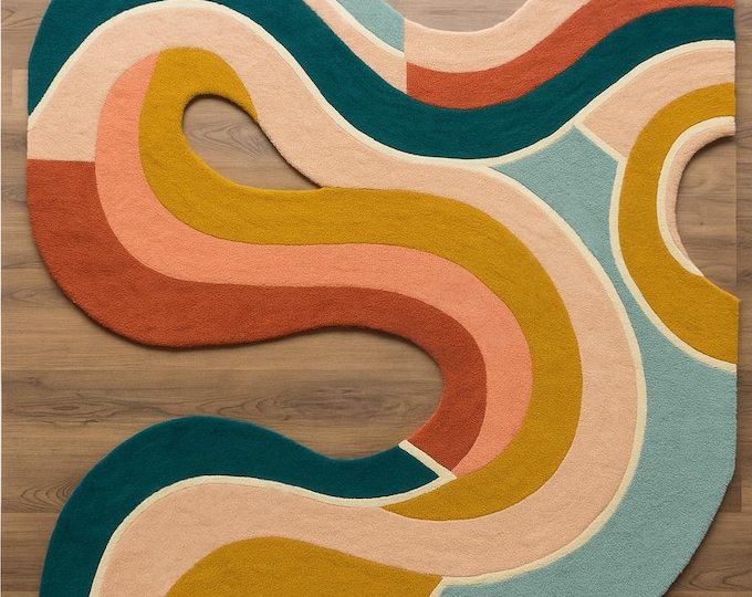 Modern Abstract Wavy Rug -- Hand tufted With Retro Earth Tones Woollen Rugs