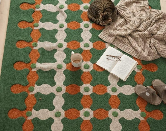 Modern Geometric Tufted Rug | Green Orange Retro Pattern Carpet | Handmade Soft Cozy Area Rug | Living Room & Bedroom Decor | Ayanrugsindia