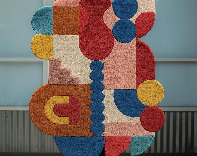 Colorful Geometric Abstract Wool Rug - Handcrafted Modern Design for Home Decor