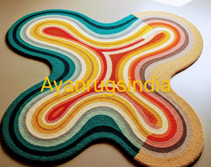 Handmade Multicolor Wavy Rug | Modern Abstract Shape Carpet | Colorful Aesthetic Floor Mat | Boho Organic shape Tufted Rug | Home Decor
