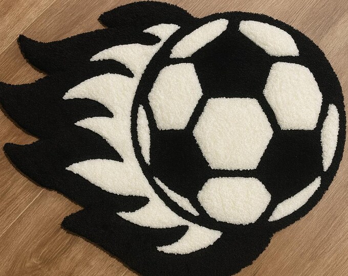 Flaming Football Themed Hand Tufted Rug Blazing Kick Hand Tufted Rug For Football Fanatics Woollen Rugs