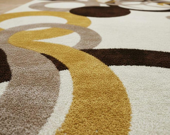 Modern Coffee Cup Design Rug | Kitchen Area Rug | Brown Beige Mustard Carpet | Abstract Circular Pattern Floor Mat | Soft Cozy Home Decor