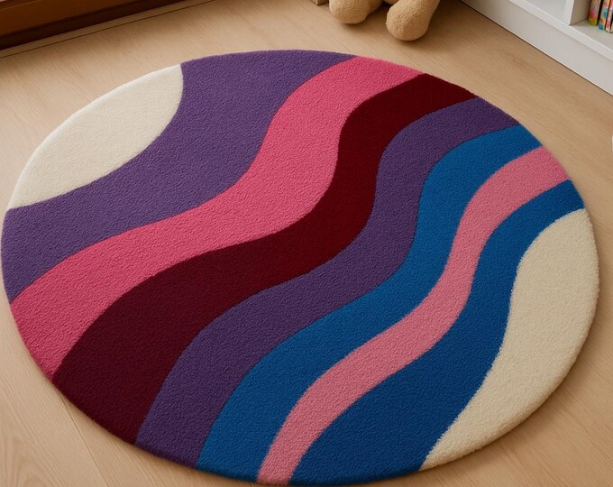Vibrant Waves Round Wool-Cotton Hand Tufted Rug - Modern Art For Your Floor Woollen Rugs