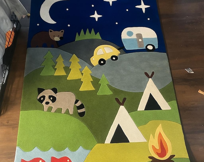Kids Camping Theme Rug – Forest Mountain Play Mat – Handmade Tufted Nursery Rug – Car, Tent, Moon & Animal Design – Eco-Friendly Children’s