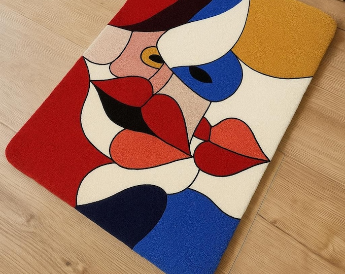 Abstract Face Tufted Rug | Modern Colorful Art Carpet | Handmade Punch Needle Rug | Boho Accent Mat for Bedroom & Living Room | Wall Art Rug