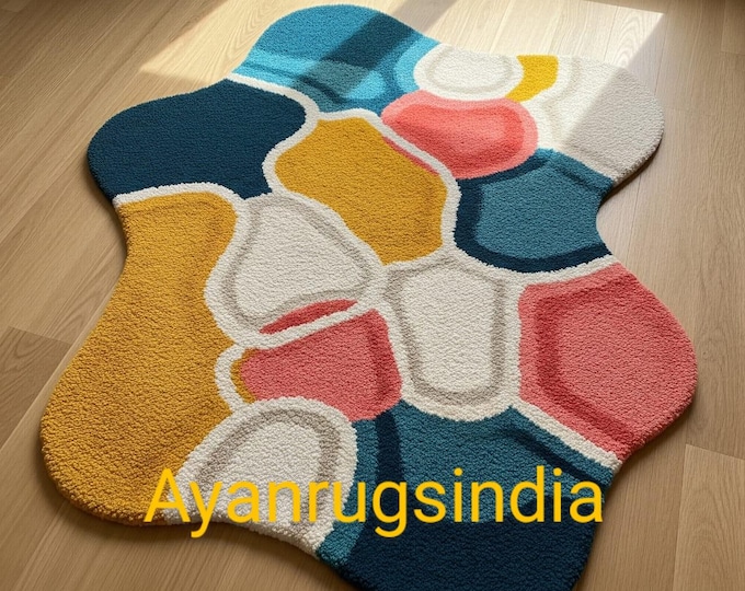 Handmade Multicolor Wavy Rug | Modern Abstract Shape Carpet | Colorful Aesthetic Floor Mat | Boho Organic shape Tufted Rug | Home Decor