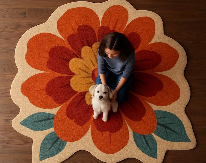 Whimsical Floral Shaped Rug-- Hand-tufted Petal Design In Warm Earthy Tones Handwoven Woollen Rugs
