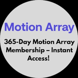 May include: A circular graphic with the text "Motion Array" in purple. Below, the text reads "365-Day Motion Array Membership - Instant Access!" in black. The background is a light gray color.